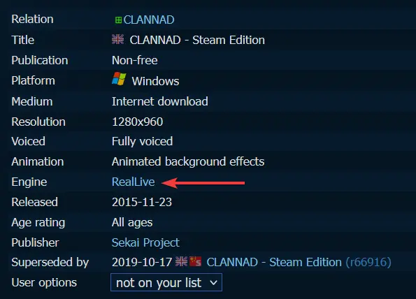 Le moteur de clannad indiqué pour la version steam